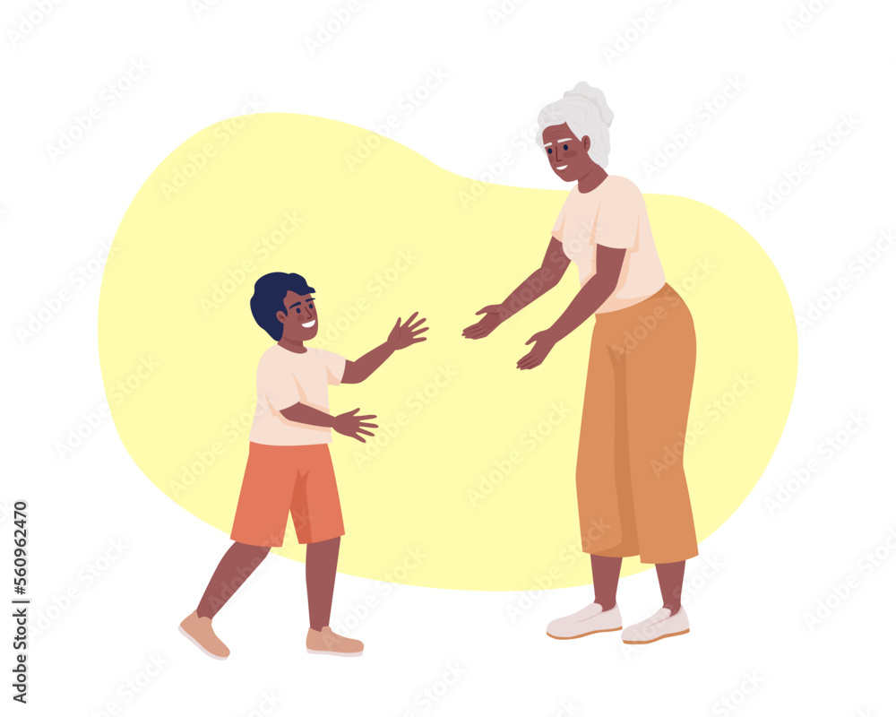 Bonding with grandma 2D vector isolated illustration. Grandmother extending hands to grandson flat characters on cartoon background. Colorful editable scene for mobile, website, presentation Bonding with grandma 2D vector isolated illustration. Grandmother extending hands to grandson flat characters on cartoon background. Colorful editable scene for mobile, website, presentation