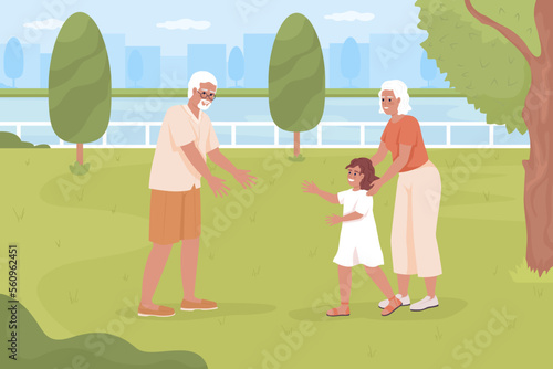 Spending time with grandkids at park flat color vector illustration. Granny introducing granddaughter to grandpa. Fully editable 2D simple cartoon characters with urban green space on background