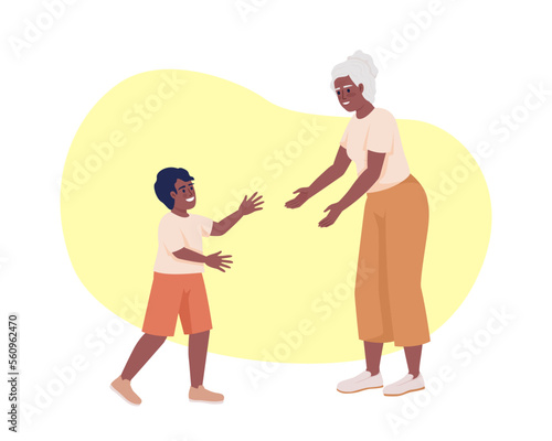Bonding with grandma 2D vector isolated illustration. Grandmother extending hands to grandson flat characters on cartoon background. Colorful editable scene for mobile, website, presentation