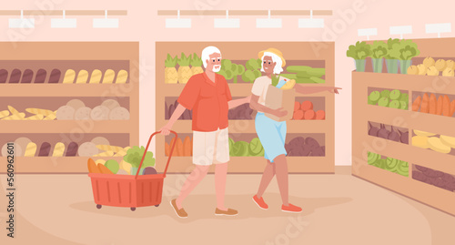 Senior shopping hours flat color vector illustration. Healthy lifestyle. Old couple purchasing vegetables together. Fully editable 2D simple cartoon characters with goods sections on background