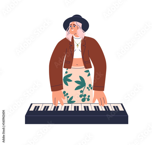 Girl playing synthesizer. Young woman, pop musician performing on keyboard music instrument, standing behind synth piano with fingers on keys. Flat vector illustration isolated on white background