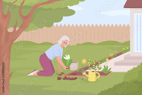 Gardening hobby for senior flat color vector illustration. Elderly woman planting flower beds in garden. Fully editable 2D simple cartoon character with green landscape and home fence on background