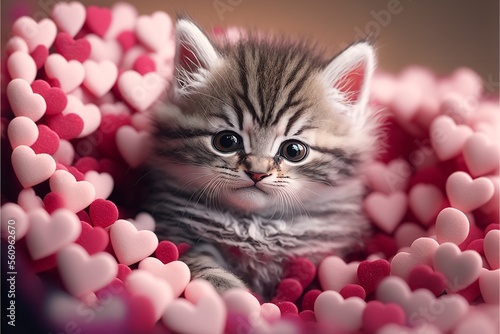 Cute kitten in pink hearts. Valentine's Day concept. Generative Ai.
