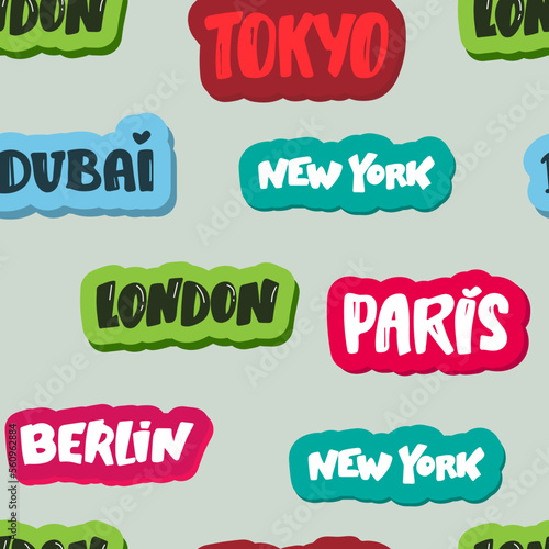 Cities of the world seamless patterns. Vector Typography background. Words in the English language.