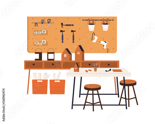 Crafts classroom, woodwork studio. School carpentry workshop with wood works, supplies, tools. Empty class room interior for joinery study. Flat vector illustration isolated on white background