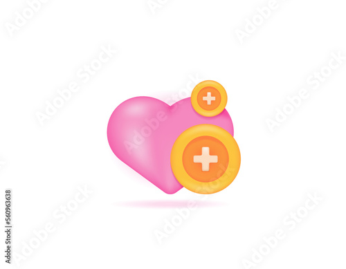 symbols of coins, hearts or love, and plus. icons about health costs, health insurance, emergency money. 3d and realistic illustration concept design. graphic elements