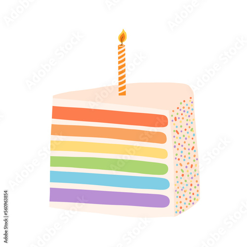 Hand drawn rainbow birthday cake with candle in cartoon flat style. Vector illustration of sweet dessert, design element for card, invitation, sticker