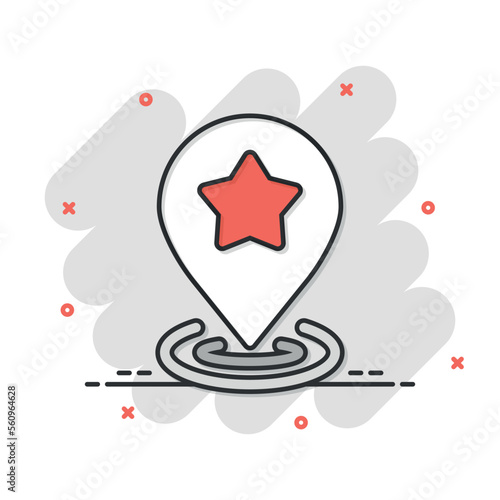Map pin icon in comic style. GPS navigation cartoon vector illustration on white isolated background. Locate position splash effect business concept.