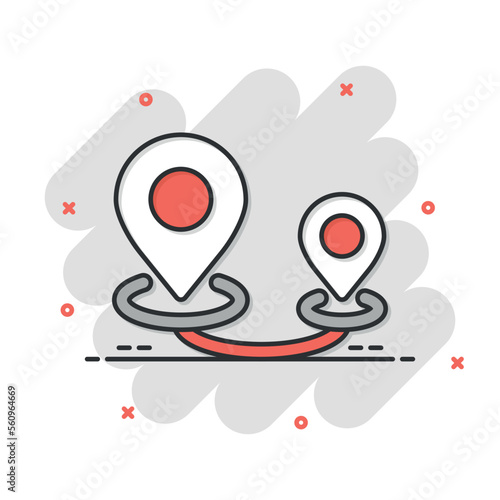 Map pin icon in comic style. GPS navigation cartoon vector illustration on white isolated background. Locate position splash effect business concept.