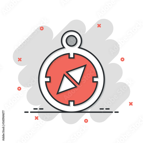 Compass icon in comic style. Navigation equipment cartoon vector illustration on white isolated background. Journey direction splash effect business concept.