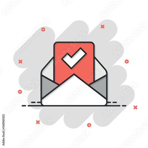 Envelope with confirmed document icon in comic style. Verify cartoon vector illustration on white isolated background. Receive splash effect business concept.