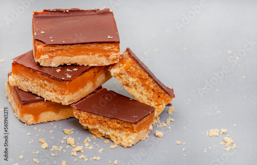 Rustic style millionaires    shortbread blocks with crumbs