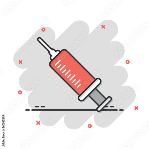 Syringe icon in comic style. Coronavirus vaccine inject cartoon vector illustration on isolated background. Covid-19 vaccination splash effect sign business concept.