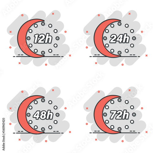 Clock icon in comic style. Timer countdown cartoon vector illustration on isolated background. Time measure splash effect sign business concept.