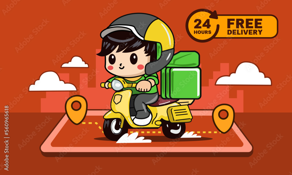 Delivery man riding a motorcycle with delivery box on mobile. Vector cartoon character illustration
Delivery man riding a motorcycle with delivery box on mobile. Vector cartoon character illustration
