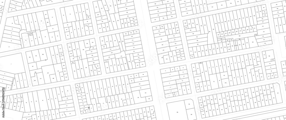 Obraz premium Urbanisme et territoire - plan cadastral avec limites de parcelles d'un centre ville d'une métropole