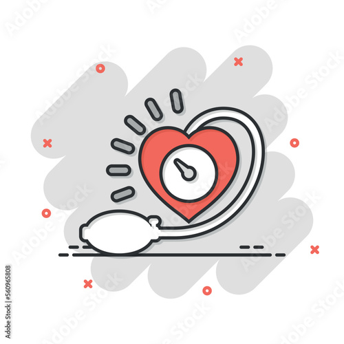 Arterial blood pressure icon in comic style. Heartbeat monitor cartoon vector illustration on isolated background. Pulse diagnosis splash effect sign business concept.