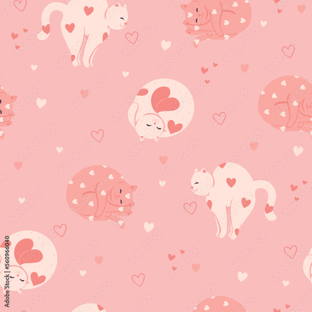 Soft pink seamless pattern with valentine's day cats. Vector graphics.