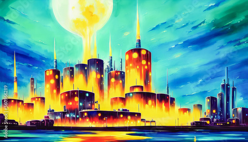 A abstract representation of a nuclear power plant stands in contrast to the futuristic cityscape in the background. A variety of colors and bold brushstrokes convey a sense of energy and movement. Ge