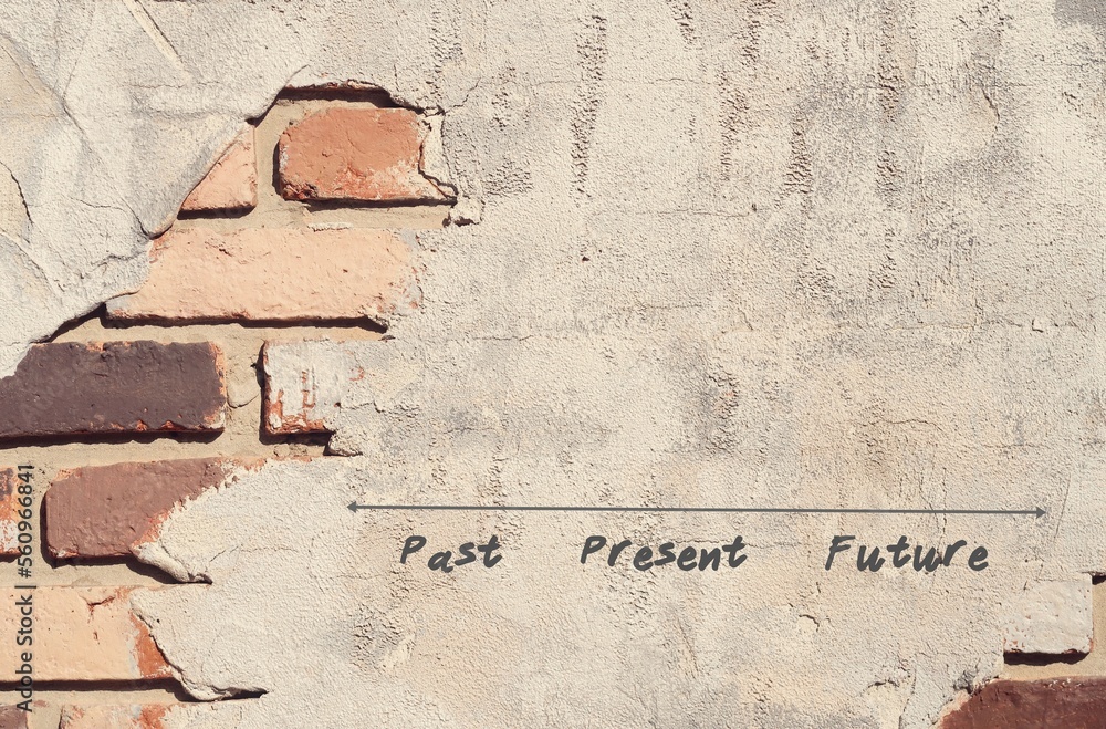 A handwritten text message on ruined cracked brick wall background : PAST PRESENT FUTURE, concept of living in present