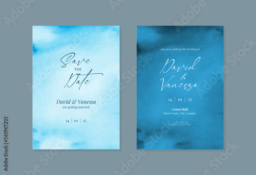 Watercolor wedding invitation card template with blue texture