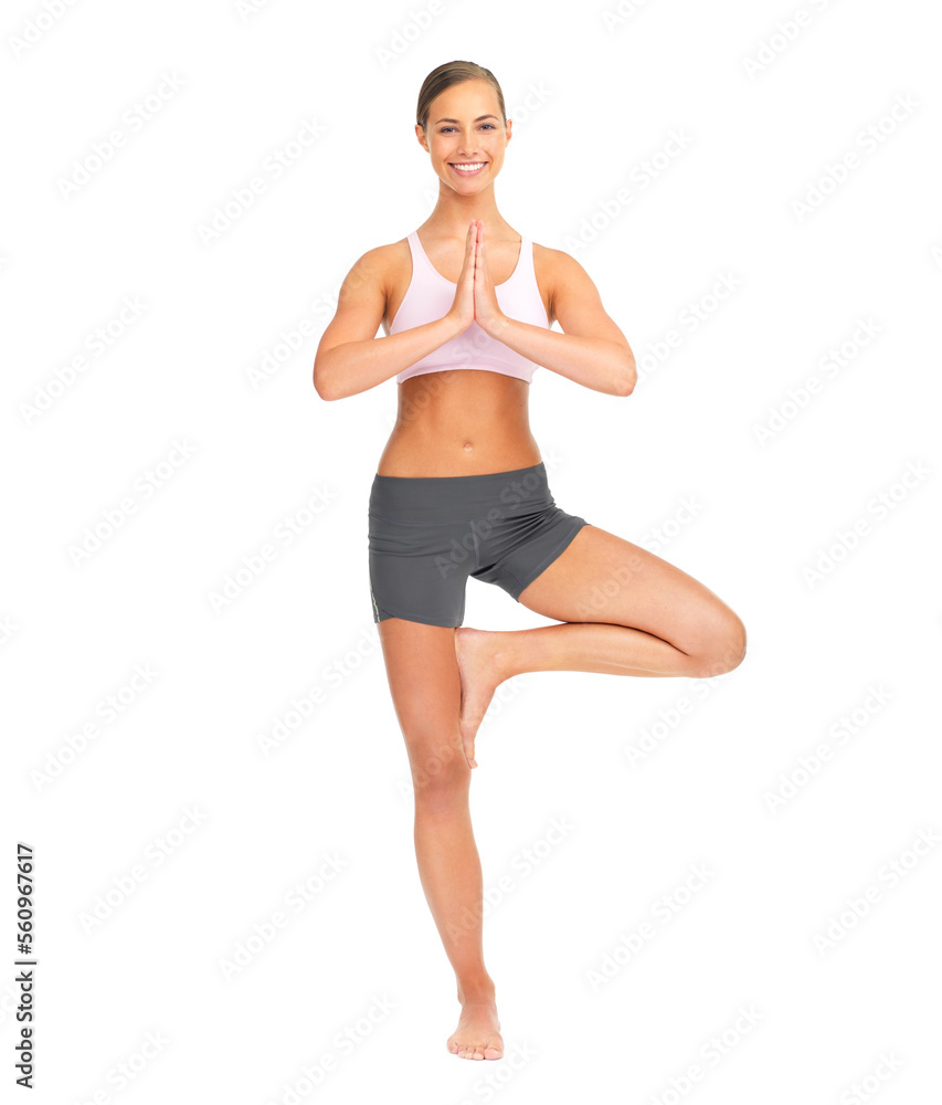 Fitness, yoga namaste and portrait of woman in studio isolated on a white background mock up. Zen chakra, pilates meditation and female model training, standing and stretching for health or wellness. Fitness, yoga namaste and portrait of woman in studio isolated on a white background mock up. Zen chakra, pilates meditation and female model training, standing and stretching for health or wellness.