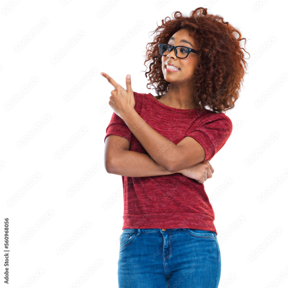 Black woman, pointing finger and studio with smile, beauty and casual clothes by white background. Woman, isolated model and hand sign with fashion, jeans and glasses on face with natural afro hair Black woman, pointing finger and studio with smile, beauty and casual clothes by white background. Woman, isolated model and hand sign with fashion, jeans and glasses on face with natural afro hair