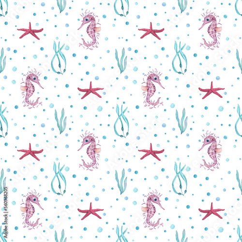 Watercolor underwater seamless pattern of seahorses, algae, starfishes on white background. Print for design, banner, background, menus, souvenirs, decor, wallpaper, fabric, textile, wrapping.