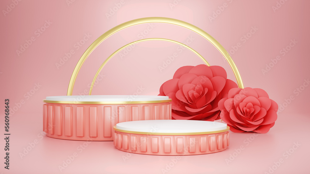 minimal pink and gold podium background, with roses, product display, for website and shopping Valentines day, 3d rendering minimal pink and gold podium background, with roses, product display, for website and shopping Valentines day, 3d rendering