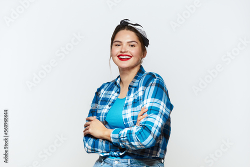 Plus Size Woman Smiling Isolated. Portrait of Bossy Woman Looking at Camera, Feeling Confident, Posing. Indoor Studio Shot Isolated on White Background 