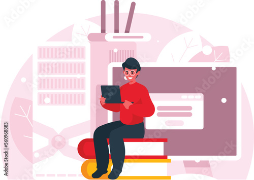 Computer protection concept. PC with wi-fi router. Computer display with logon window. Man with laptop sits on a stack of huge books. Programmer at work. Vector graphics