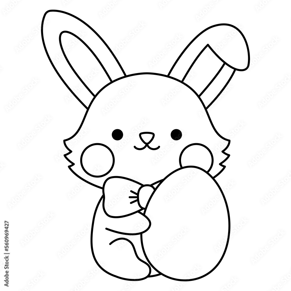 Vector black and white Easter bunny icon for kids. Cute kawaii line rabbit illustration or coloring page. Funny cartoon hare character. Traditional spring holiday symbol in bow sitting with egg Vector black and white Easter bunny icon for kids. Cute kawaii line rabbit illustration or coloring page. Funny cartoon hare character. Traditional spring holiday symbol in bow sitting with egg