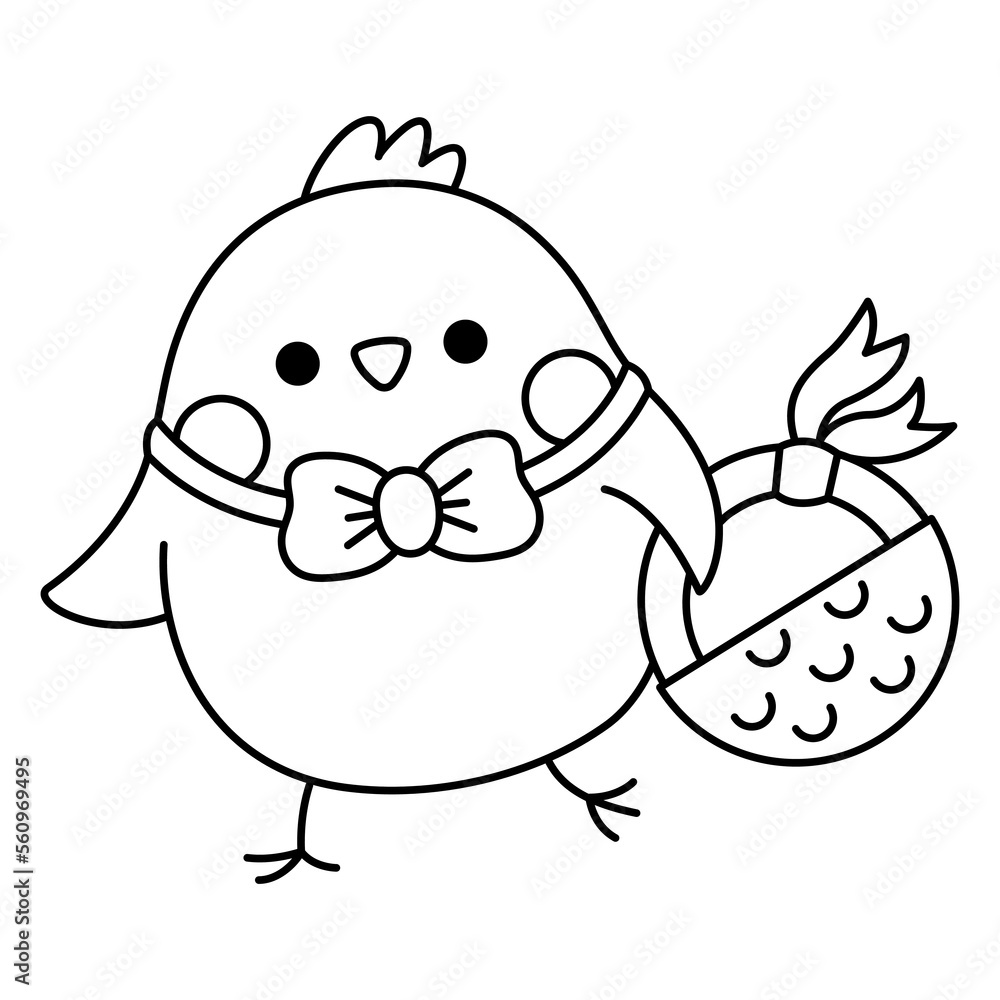Vector black and white Easter chick icon for kids. Cute kawaii line chicken illustration or coloring page. Funny cartoon bird character. Traditional spring holiday symbol with basket going on egg hunt Vector black and white Easter chick icon for kids. Cute kawaii line chicken illustration or coloring page. Funny cartoon bird character. Traditional spring holiday symbol with basket going on egg hunt