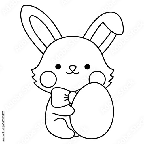 Vector black and white Easter bunny icon for kids. Cute kawaii line rabbit illustration or coloring page. Funny cartoon hare character. Traditional spring holiday symbol in bow sitting with egg