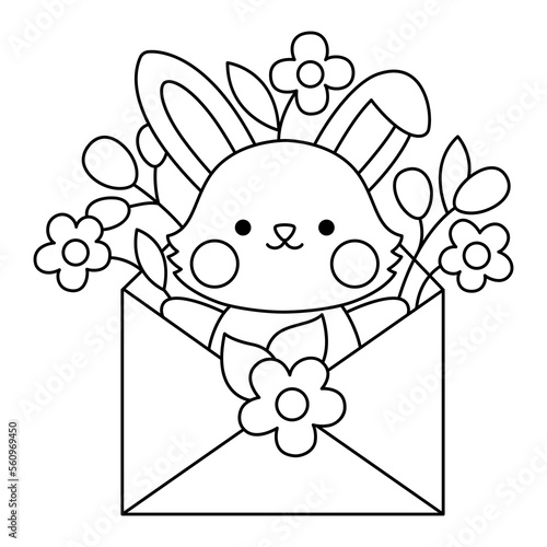 Vector black and white Easter bunny icon for kids. Cute kawaii line rabbit illustration or coloring page. Funny cartoon hare character. Traditional spring holiday symbol in envelope with flowers
