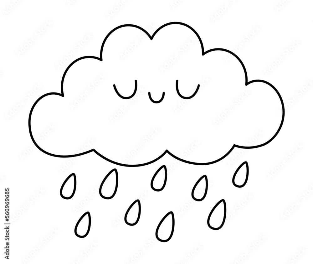 Vector black and white kawaii cloud icon for kids. Cute line weather element symbol illustration or coloring page. Funny smiling cartoon character. Adorable storm clipart with rain drops. Vector black and white kawaii cloud icon for kids. Cute line weather element symbol illustration or coloring page. Funny smiling cartoon character. Adorable storm clipart with rain drops.
