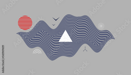 Abstract melted liquid shape. Psychedelic stripes. Optic art illustration of squares. Surreal scene with sun. 3D vector for cover, poster, booklet, brochure, flyer, album or banner.