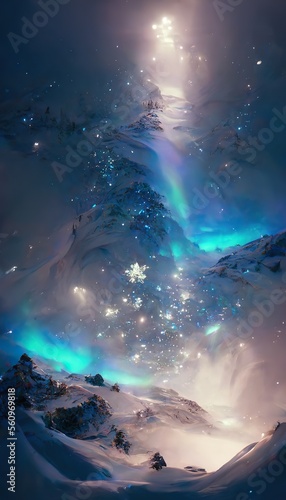 Magical mountain of wonders. Northern lights sky. Winter night landscape. Generative ai.