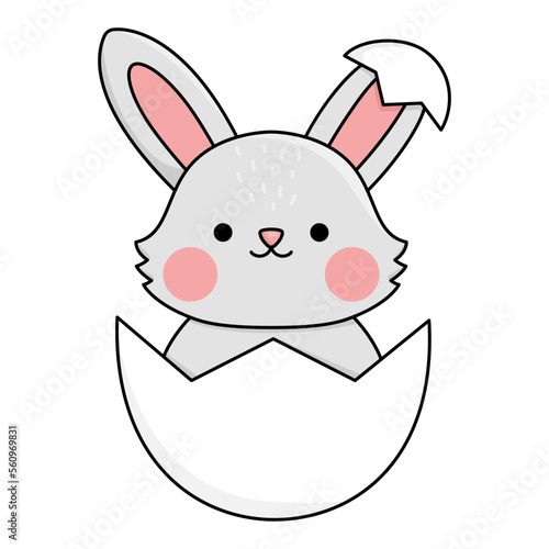 Vector Easter bunny icon for kids. Cute kawaii rabbit illustration. Funny cartoon hare character. Traditional spring holiday symbol hatching or sitting in the egg.