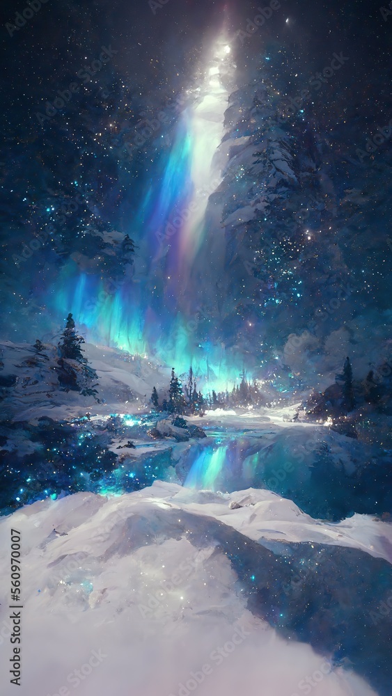 Polar lights in the sky. Winter night wonderland. Generative ai. Polar lights in the sky. Winter night wonderland. Generative ai.