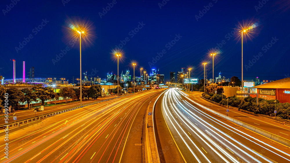 Fototapeta premium Melbourne, Australia - Lights trails of the moving traffic along the West Gate freeway