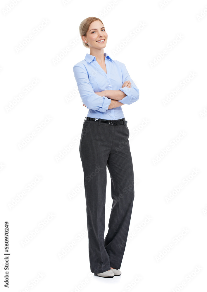 Business, leadership and body portrait of happy woman with confident smile, vision and motivation on white background. Corporate fashion, professional job confidence and woman ceo standing in studio. Business, leadership and body portrait of happy woman with confident smile, vision and motivation on white background. Corporate fashion, professional job confidence and woman ceo standing in studio.