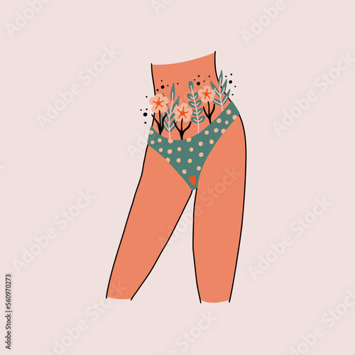 Woman thighs body with flowers and leaves sticking out of her green panties. Women menstrual period. Intimate hygiene health. Hand Drawn vector illustration