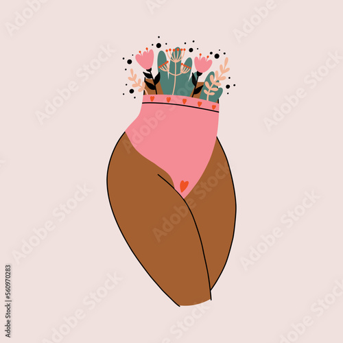 Woman thighs body with flowers and leaves sticking out of her pink panties. Women menstrual period. Intimate hygiene health. Hand Drawn vector illustration