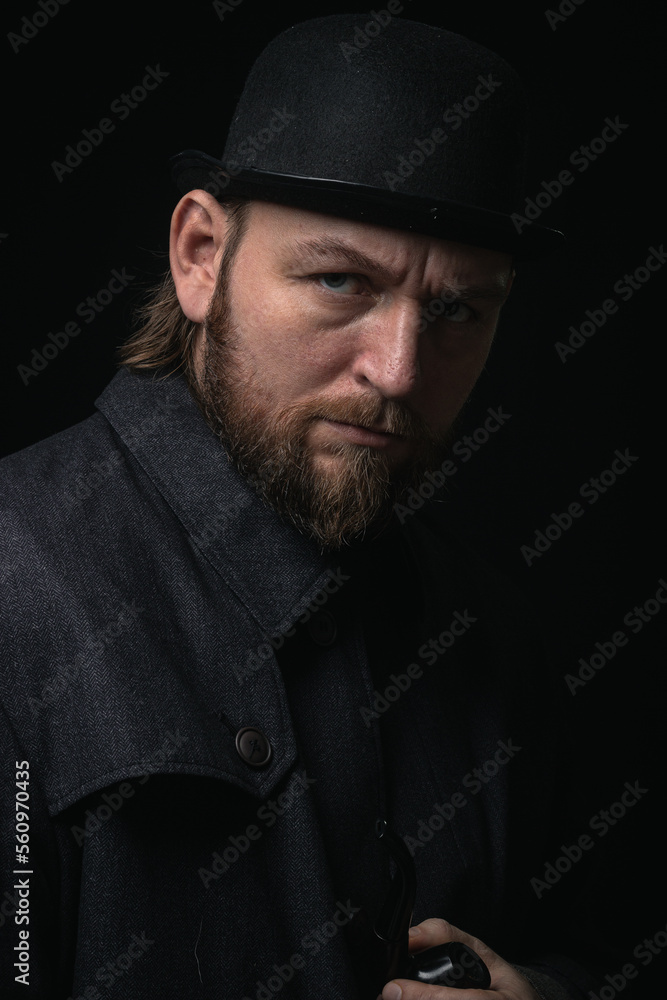 stylish man in retro outfit suit hat smoking wooden pipe sherlock holmes look cosplay england gentleman fashionable confident gangster Guy Ritchie Charlie Hunnam style stylish man in retro outfit suit hat smoking wooden pipe sherlock holmes look cosplay england gentleman fashionable confident gangster Guy Ritchie Charlie Hunnam style