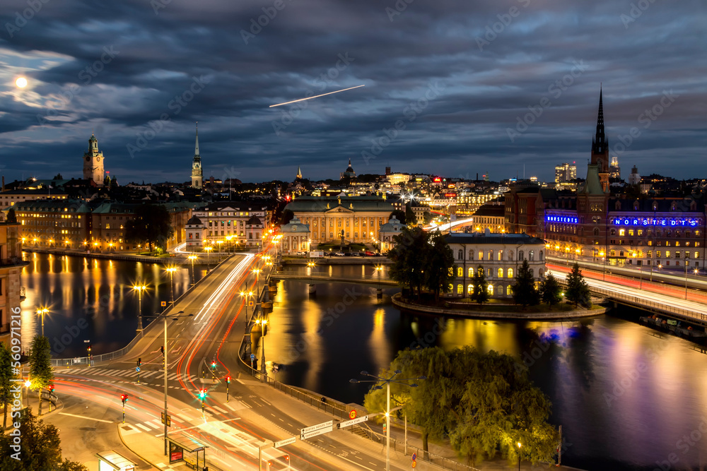 Stockholm view of skyline at night with long exposure 