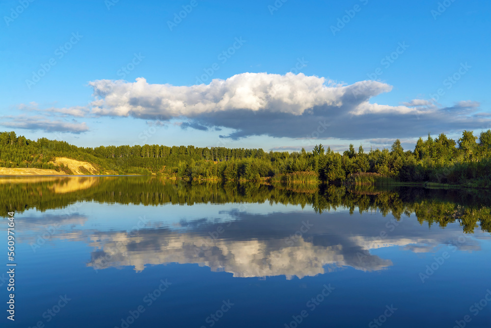 Fototapeta premium Snow - white clouds in the form of an airplane are reflected in the lake .