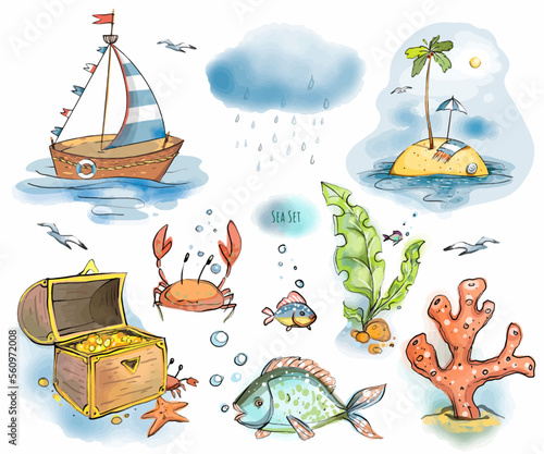 A color clipart on a light or transparent background from a sea set, a boat, a crab, a chest of gold, seagulls, an island, coral and sea fish.