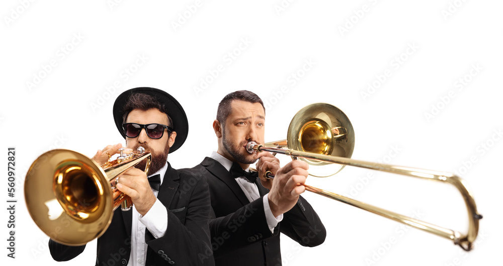 Obraz premium Male musicians playing a trombone and a trumpet