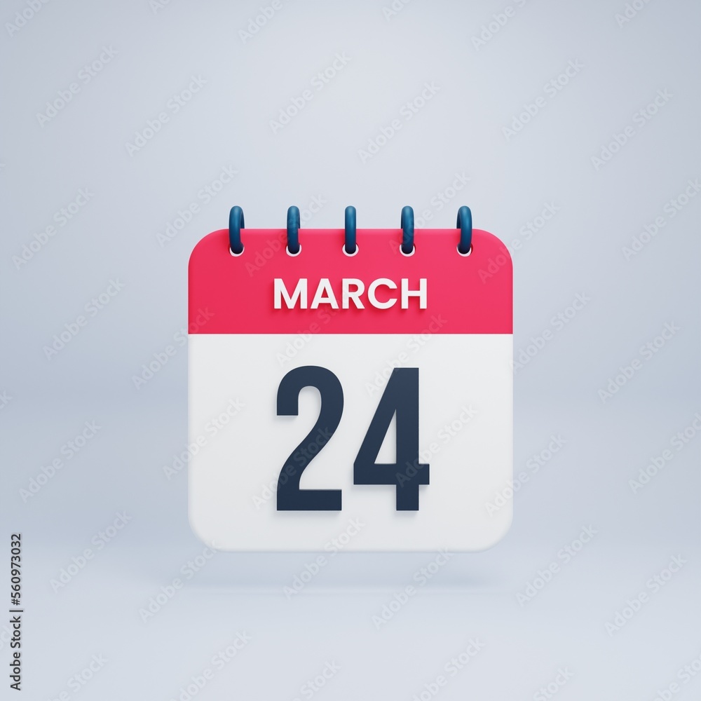 March Realistic Calendar Icon 3D Illustration Date March 24 March Realistic Calendar Icon 3D Illustration Date March 24